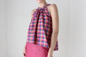 80s Handmade Silk Checked Trapeze Top