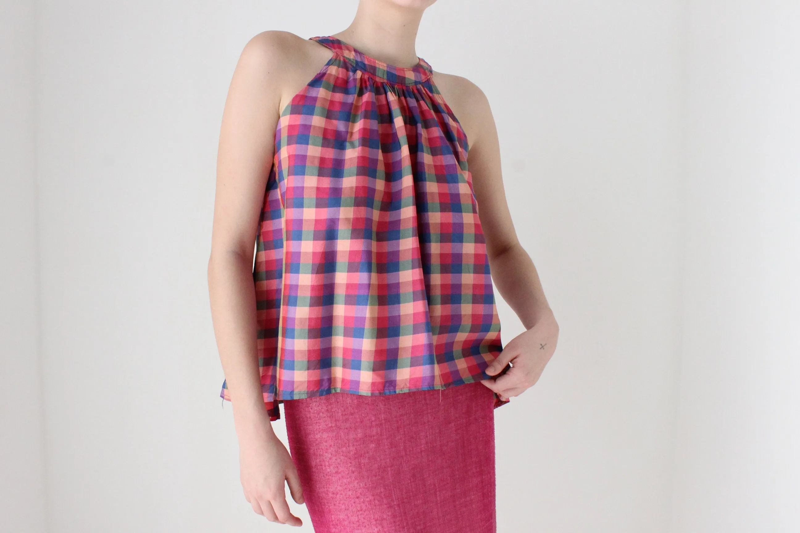 80s Handmade Silk Checked Trapeze Top