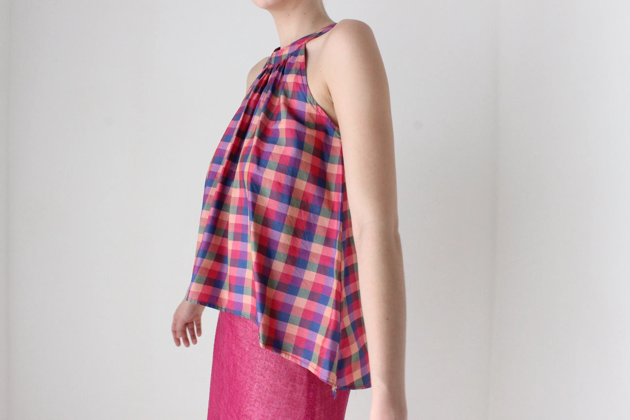80s Handmade Silk Checked Trapeze Top