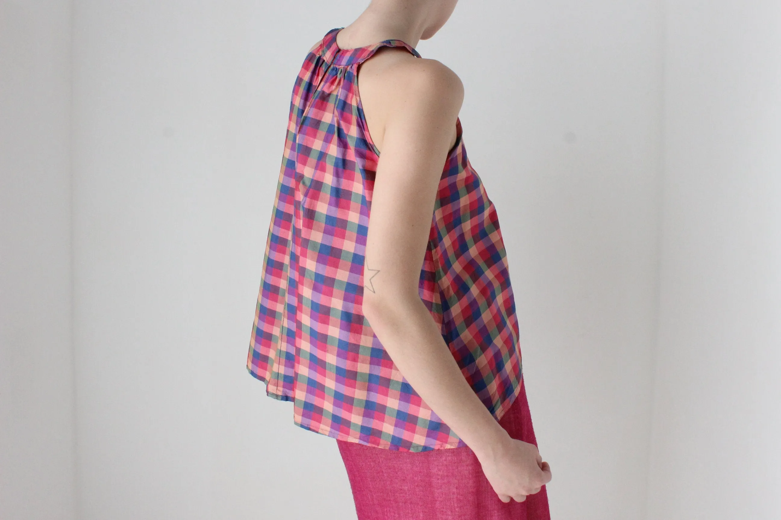 80s Handmade Silk Checked Trapeze Top
