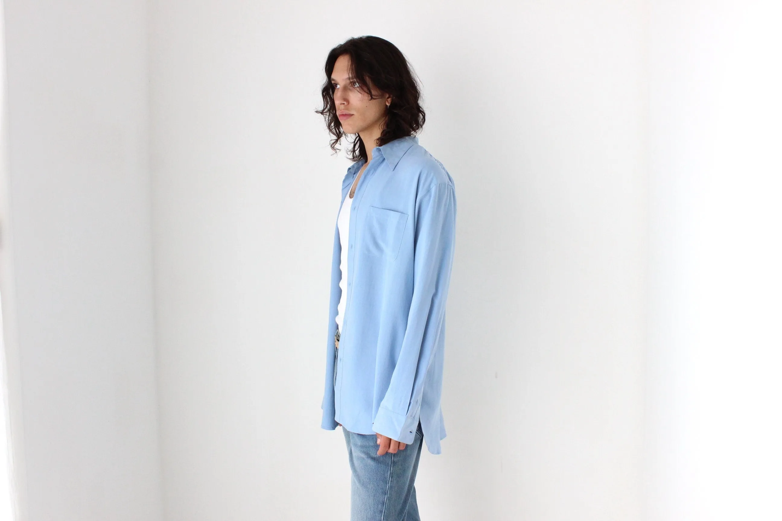 90s PURE FUJI SILK Relaxed Shirt in Sky Blue