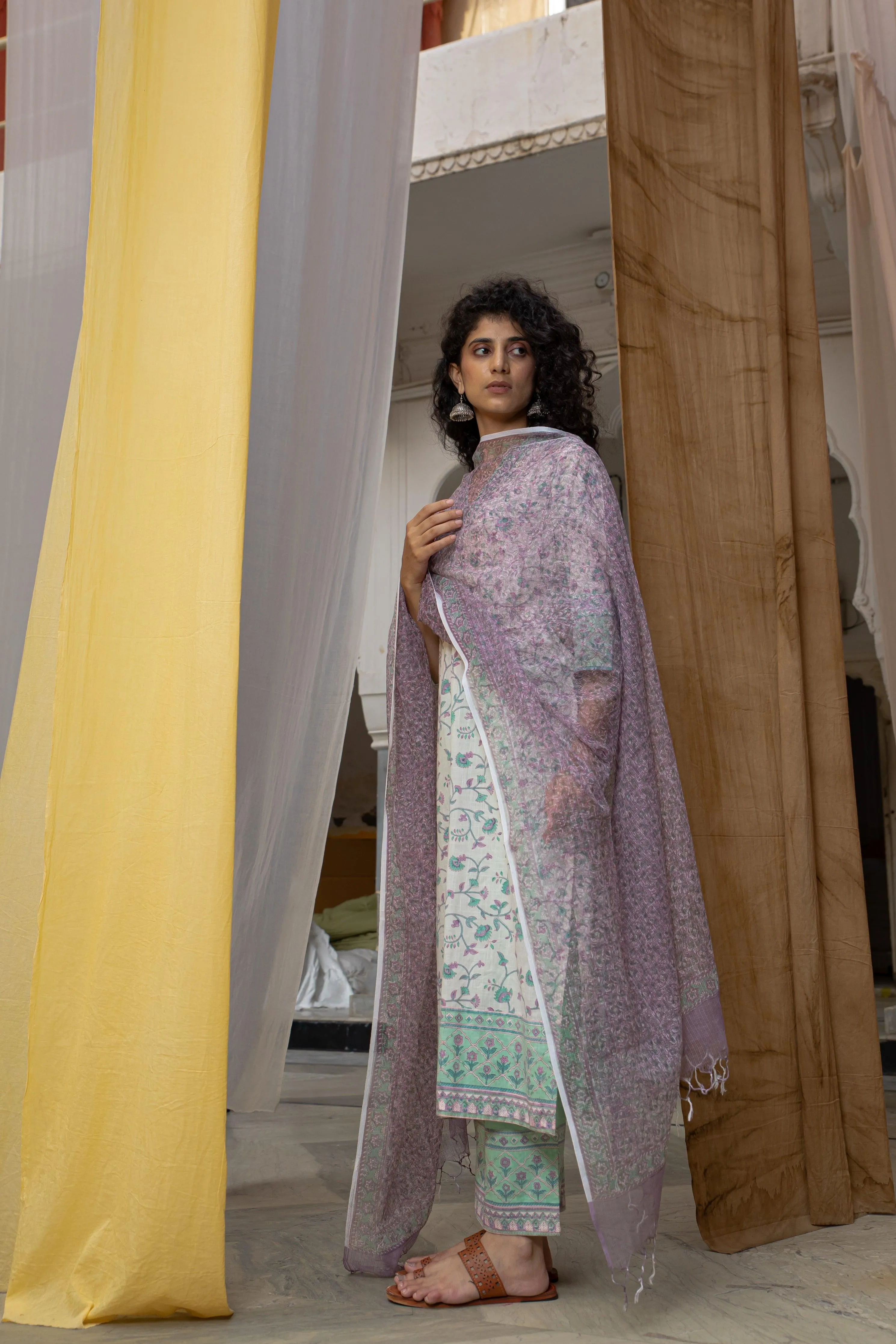 Ava Off White Cotton Slub Suit Set