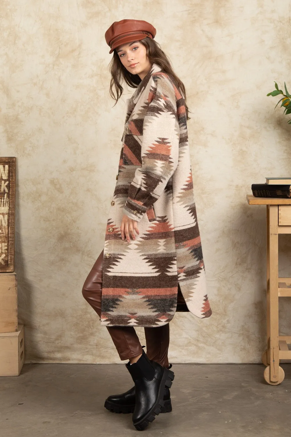 Aztec Printed Western Shacket Long Coat
