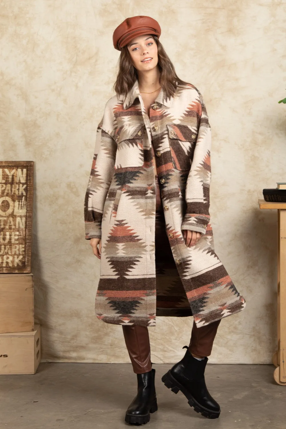 Aztec Printed Western Shacket Long Coat