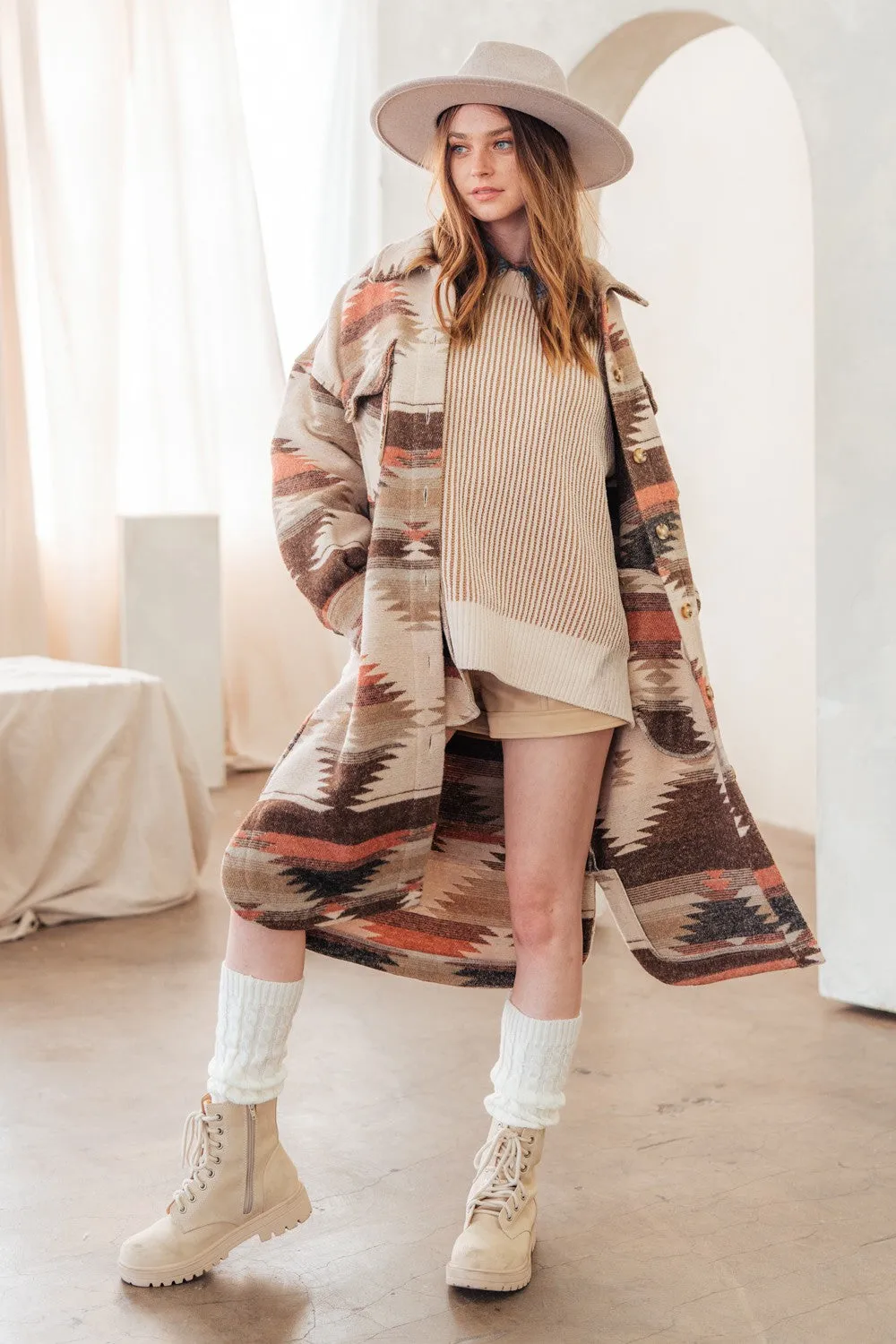 Aztec Printed Western Shacket Long Coat