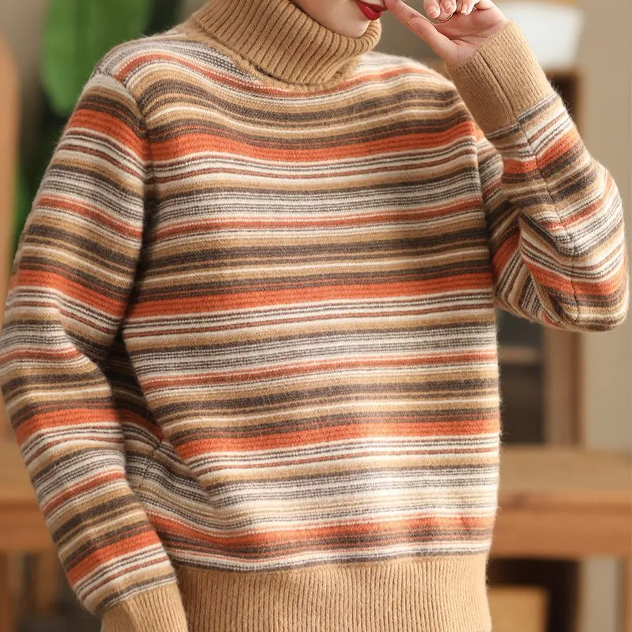 Babakud Women Winter Retro Striped Wool Warm Loose Fit Sweater