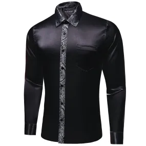 Barry Wang Black Shirt with Silver Paisley Cuff Long Sleeve Men Shirt
