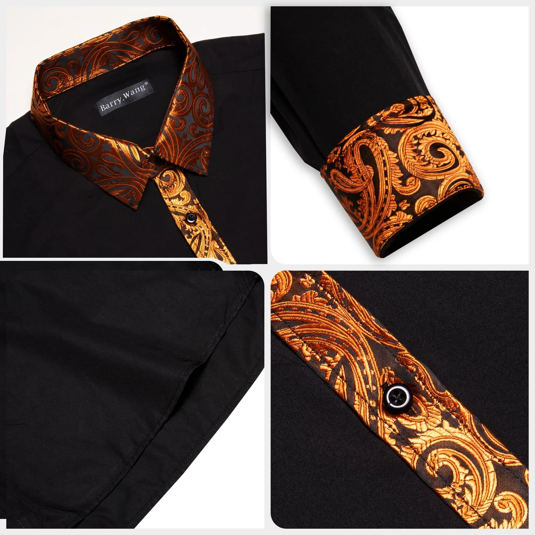 Barry Wang Black Splicing Shirt Orange Paisley Cuffs Button Up Shirt
