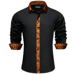 Barry Wang Black Splicing Shirt Orange Paisley Cuffs Button Up Shirt