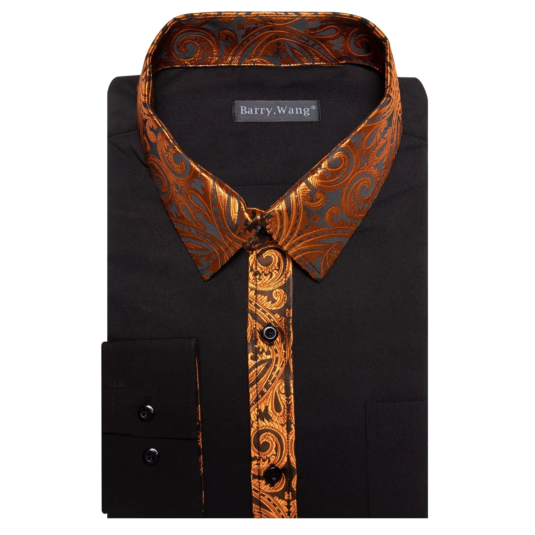 Barry Wang Black Splicing Shirt Orange Paisley Cuffs Button Up Shirt