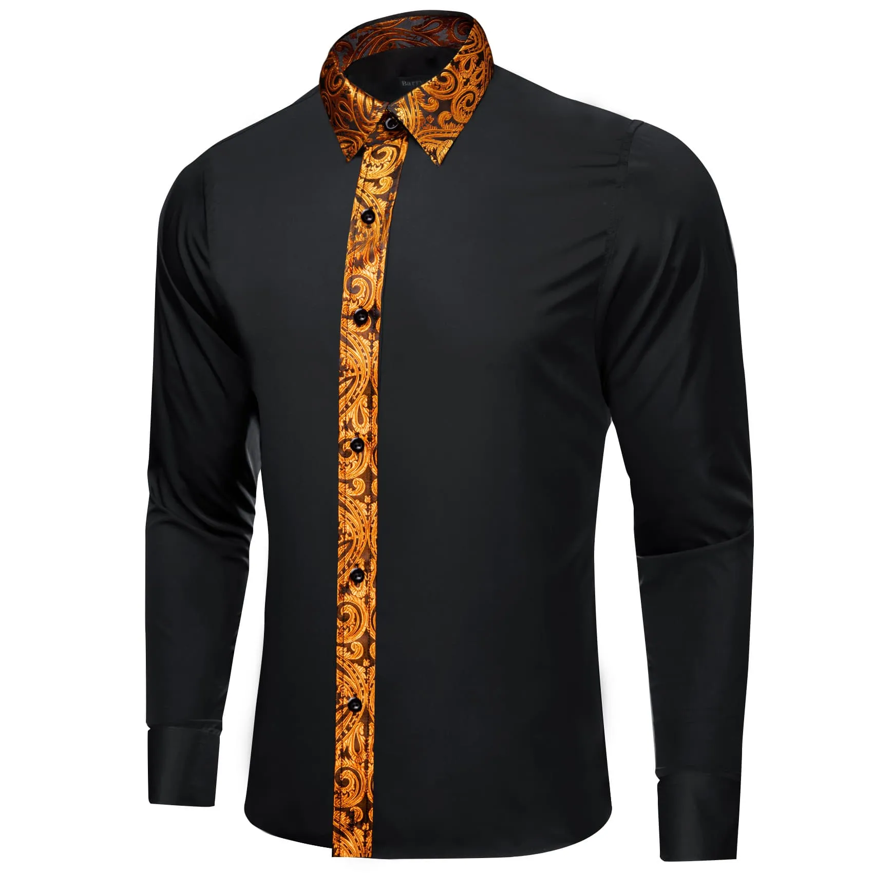 Barry Wang Black Splicing Shirt Orange Paisley Cuffs Button Up Shirt