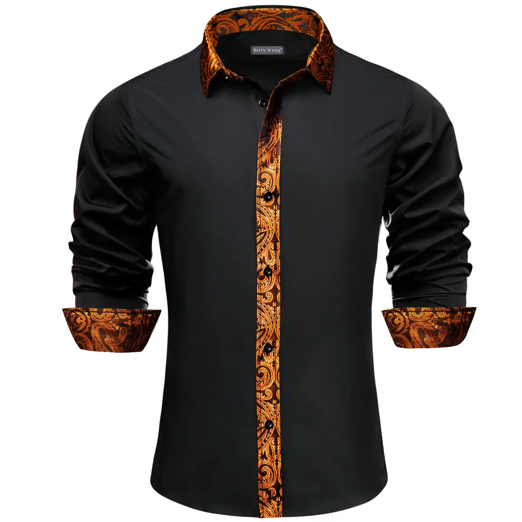 Barry Wang Black Splicing Shirt Orange Paisley Cuffs Button Up Shirt