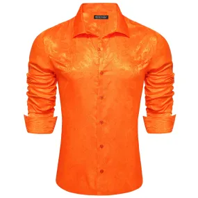 Barry Wang Button Down Shirt Bright Orange Paisley Silk Men's Shirt