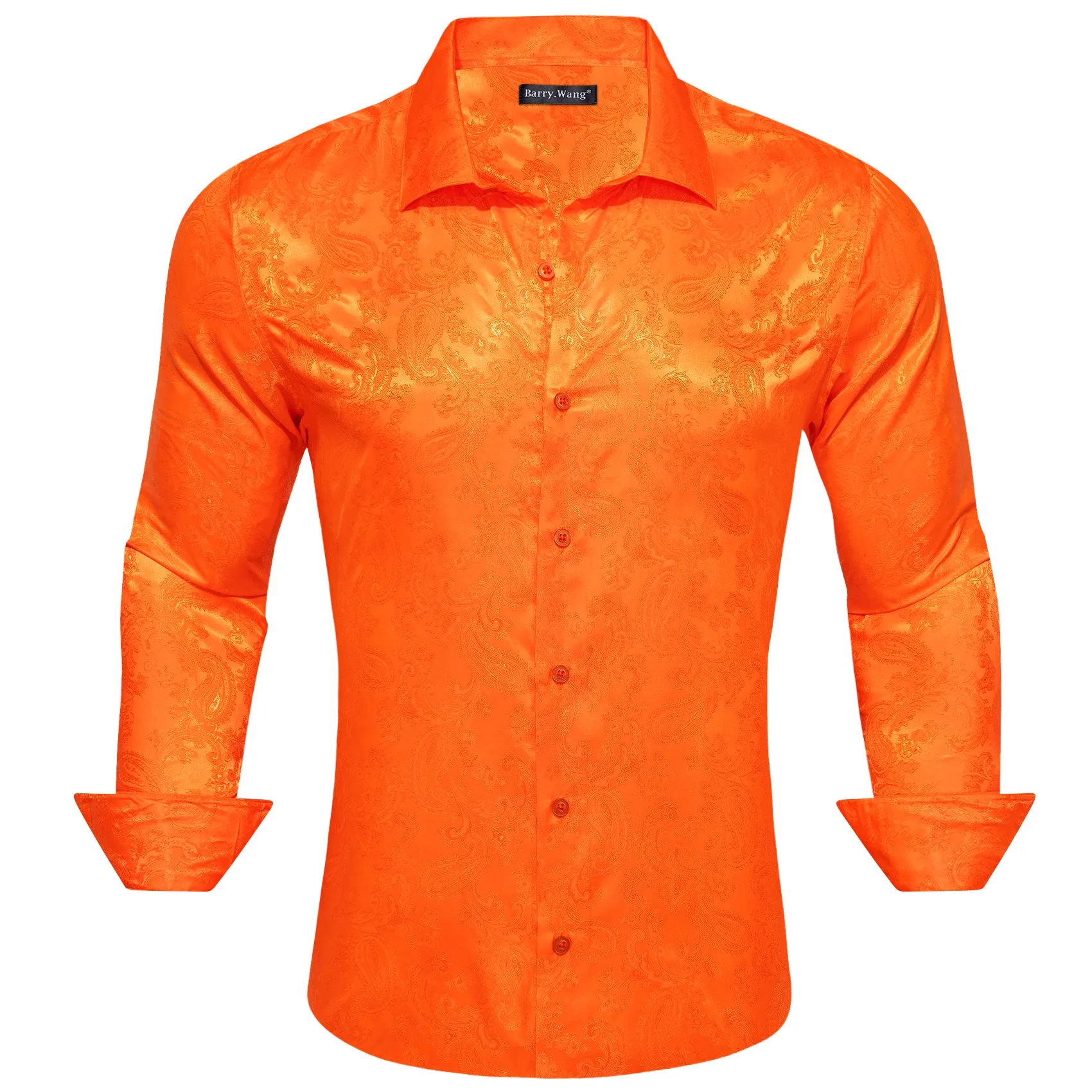 Barry Wang Button Down Shirt Bright Orange Paisley Silk Men's Shirt