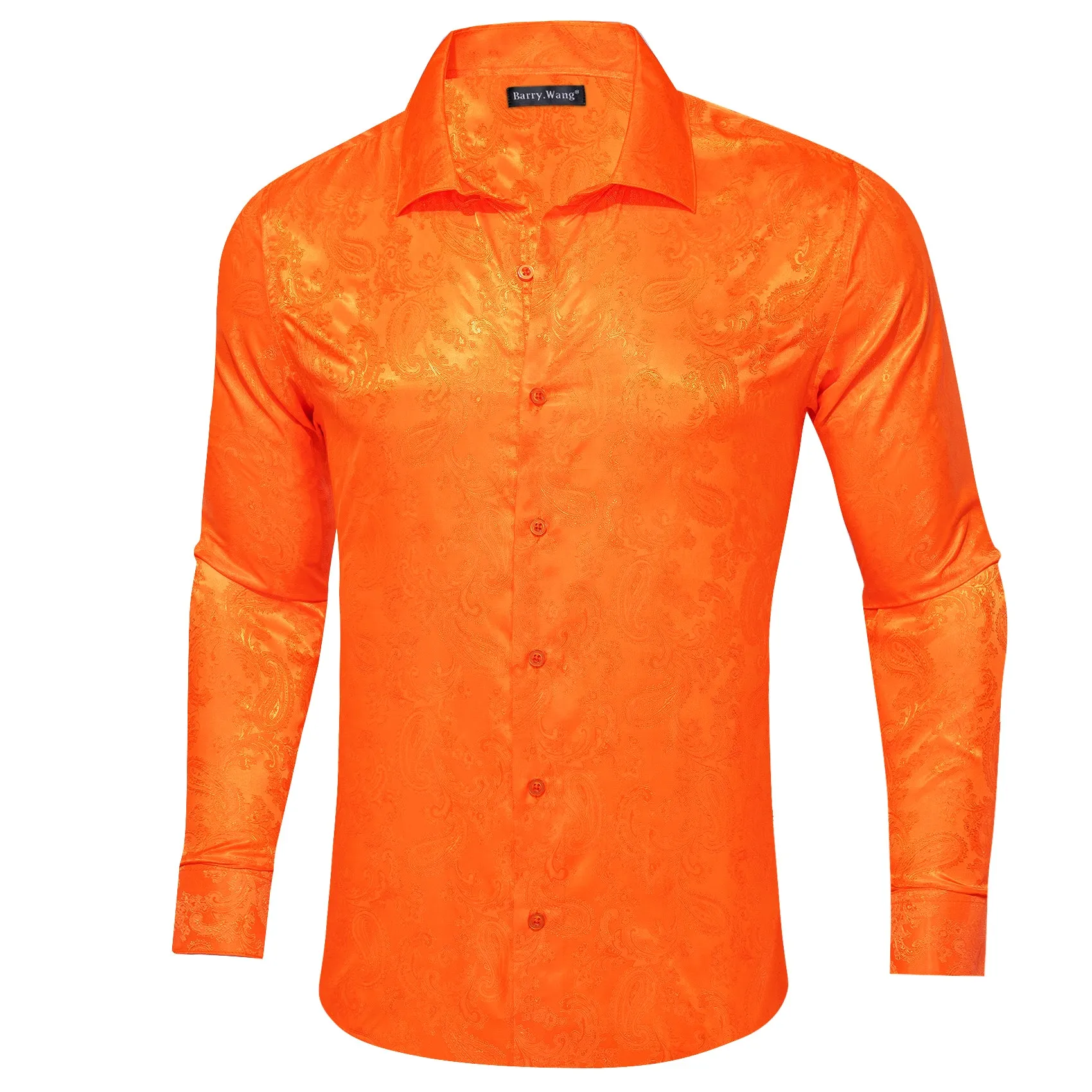 Barry Wang Button Down Shirt Bright Orange Paisley Silk Men's Shirt