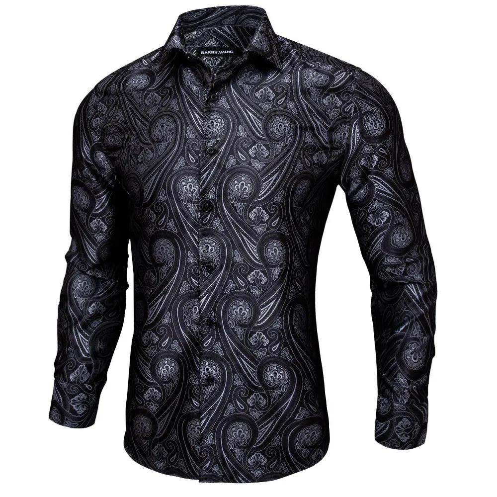 Barry.Wang Button Down Shirt Black Grey Floral Long Sleeve Shirt