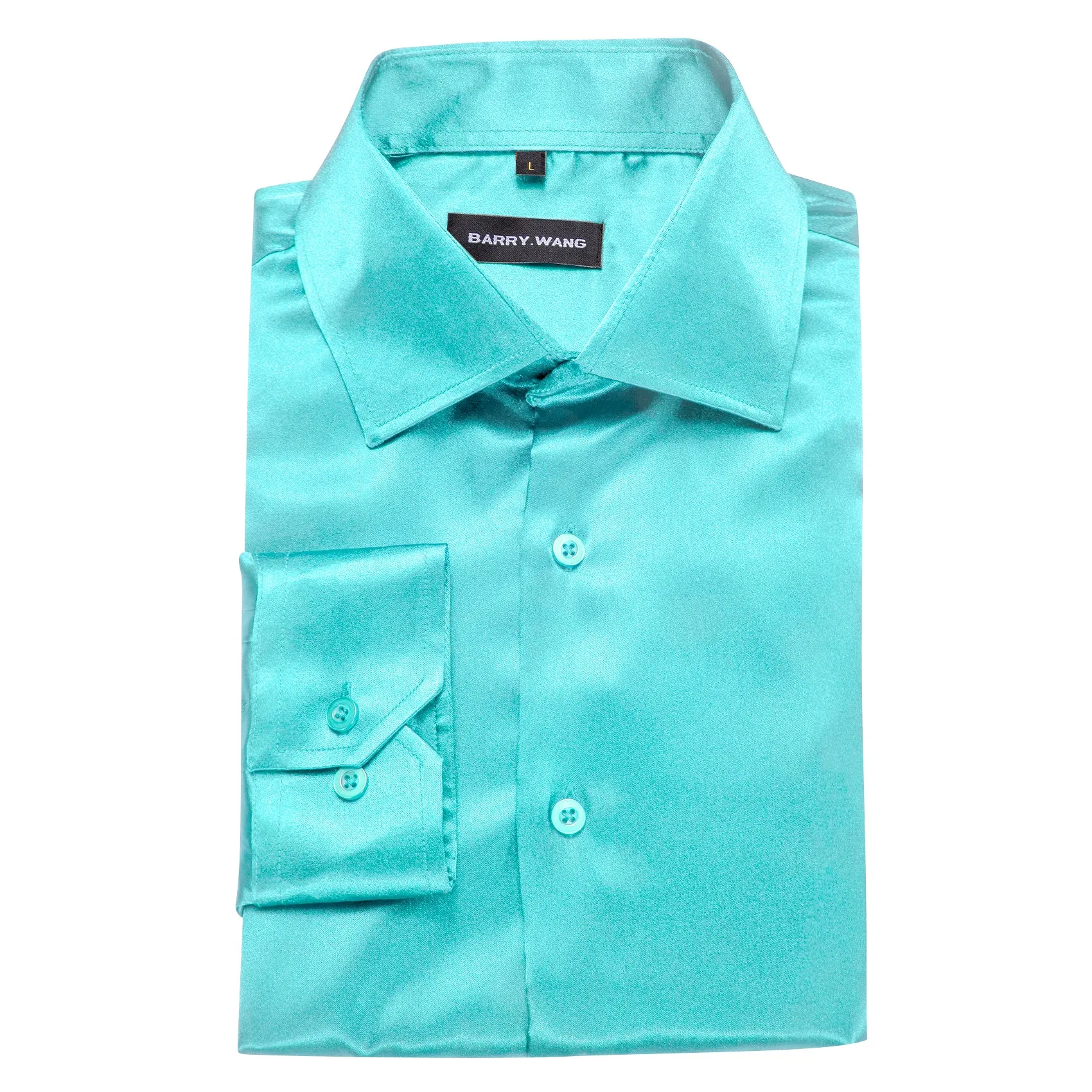 Barry.wang Button Down Shirt Cyan Blue Solid Silk Men's Long Sleeve Shirt