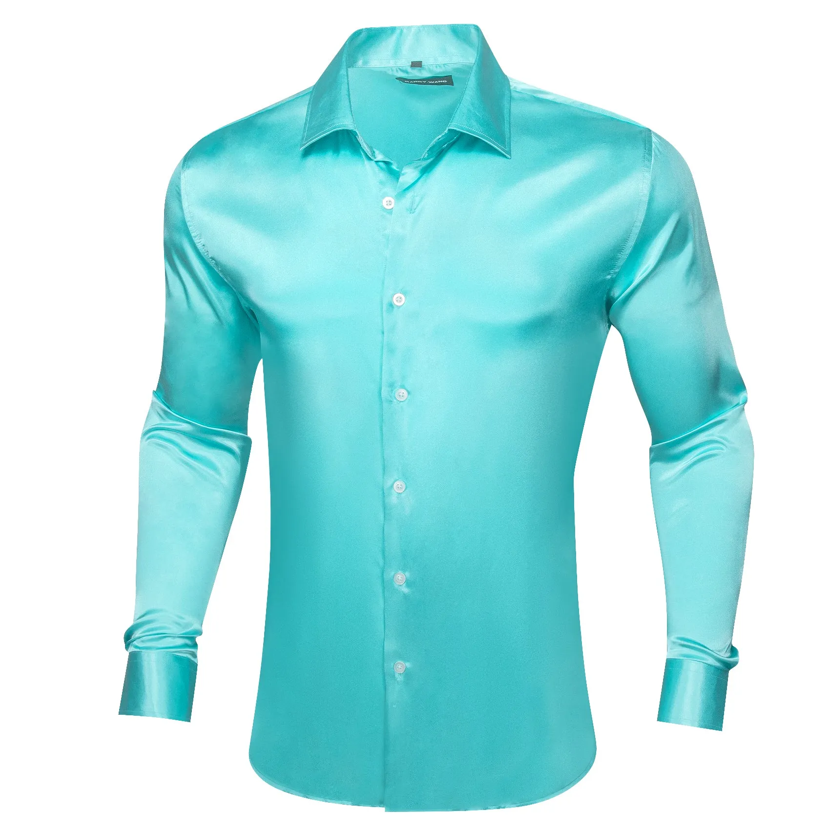 Barry.wang Button Down Shirt Cyan Blue Solid Silk Men's Long Sleeve Shirt
