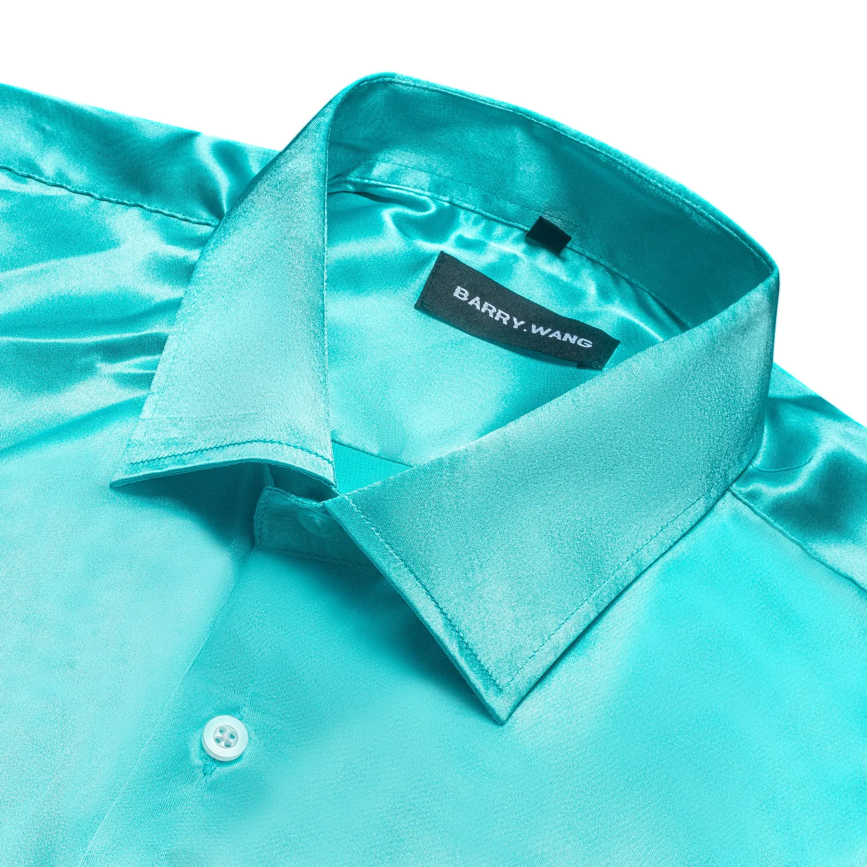 Barry.wang Button Down Shirt Cyan Blue Solid Silk Men's Long Sleeve Shirt