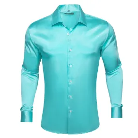 Barry.wang Button Down Shirt Cyan Blue Solid Silk Men's Long Sleeve Shirt