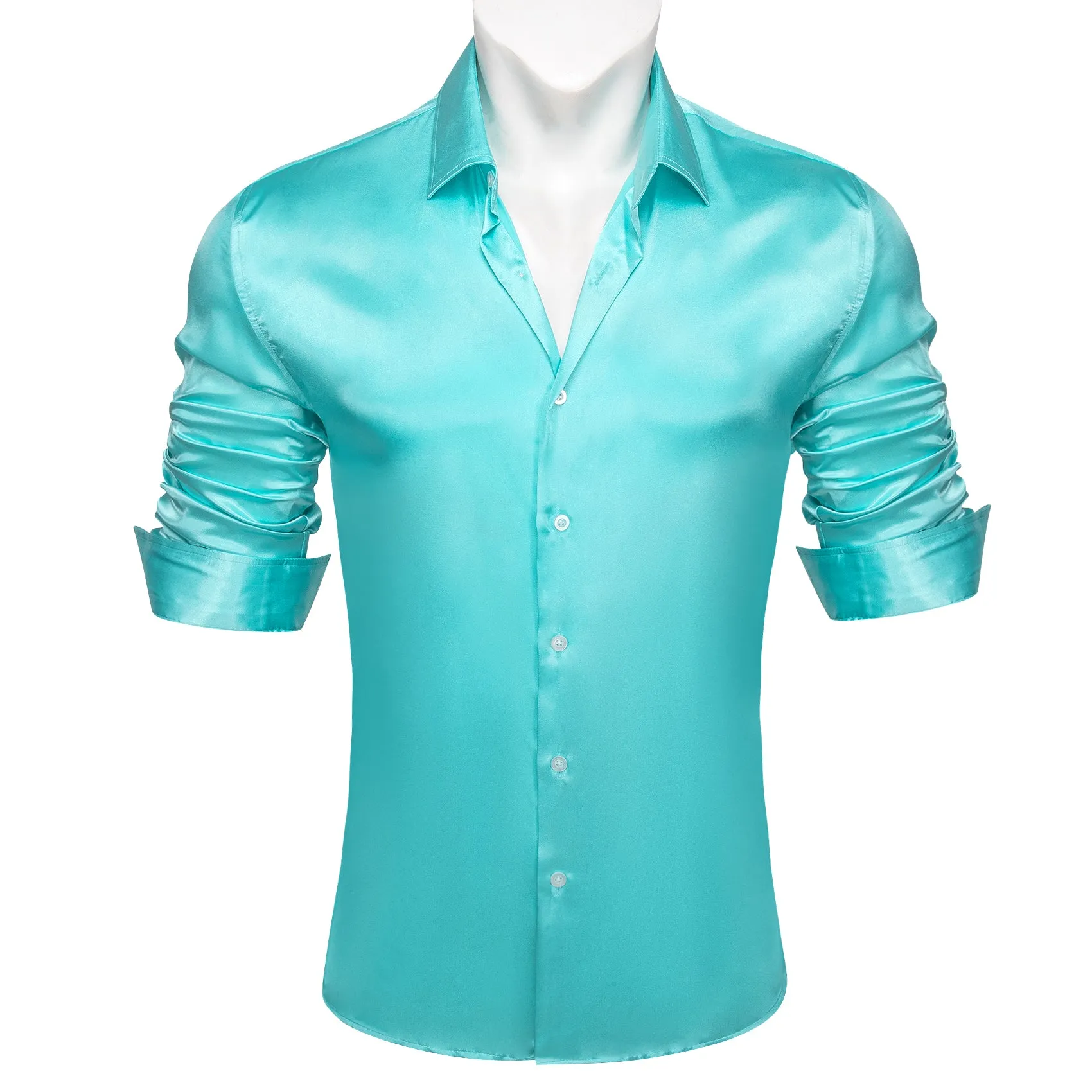 Barry.wang Button Down Shirt Cyan Blue Solid Silk Men's Long Sleeve Shirt