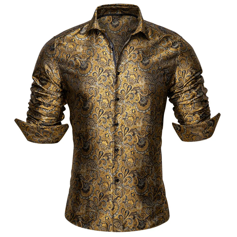 Barry.wang Button Down Shirt Golden Jacquard Woven Floral Silk Shirt