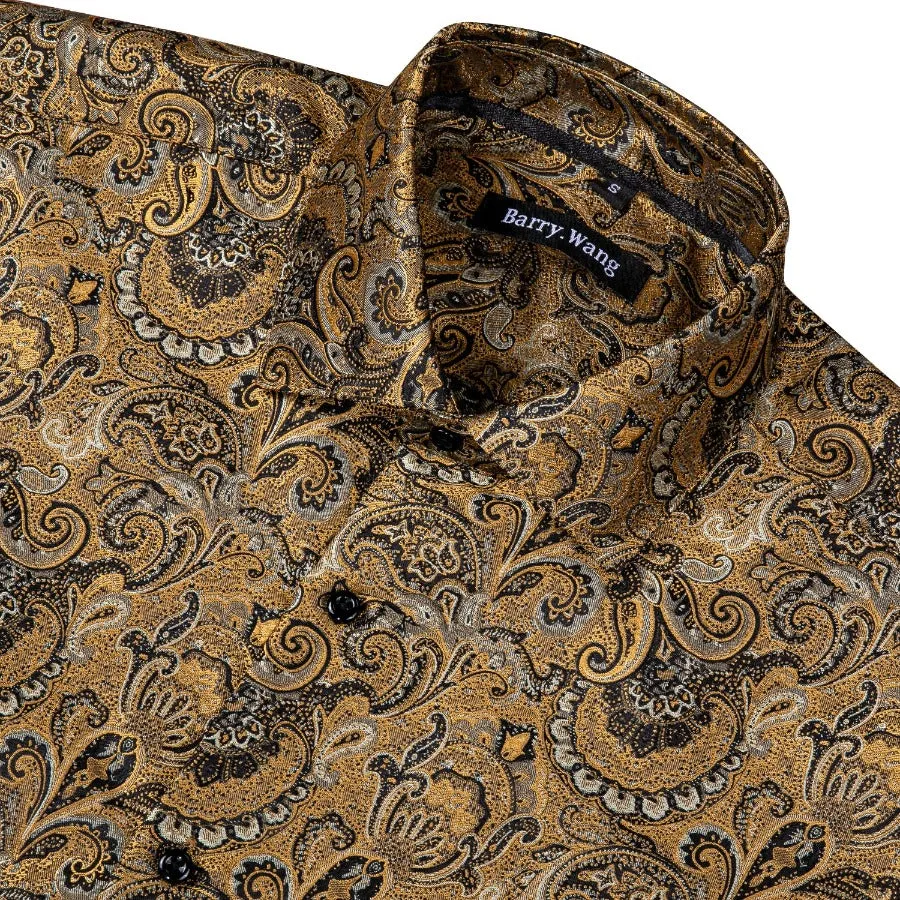 Barry.wang Button Down Shirt Golden Jacquard Woven Floral Silk Shirt