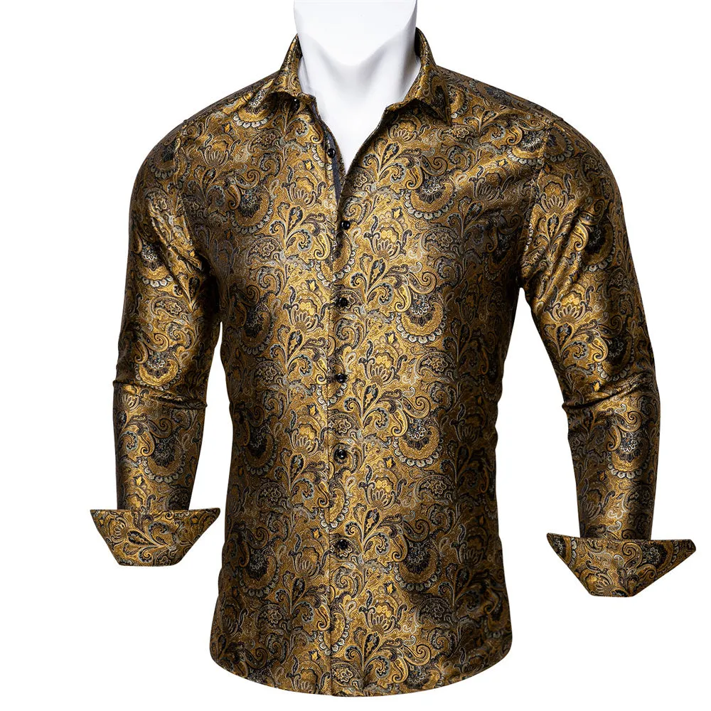 Barry.wang Button Down Shirt Golden Jacquard Woven Floral Silk Shirt