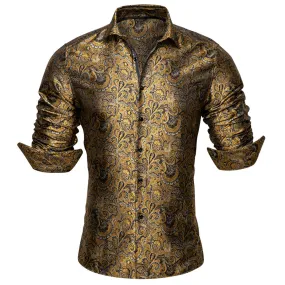 Barry.wang Button Down Shirt Golden Jacquard Woven Floral Silk Shirt