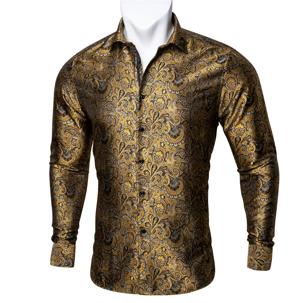 Barry.wang Button Down Shirt Golden Jacquard Woven Floral Silk Shirt