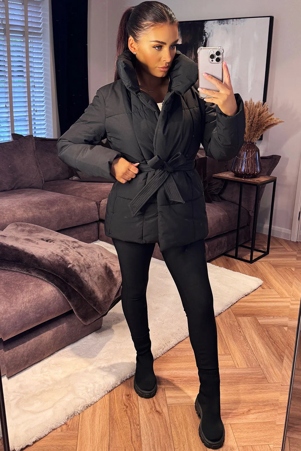 Black Duvet Padded Jacket With Belt