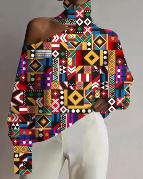 Black Geometric Color Patchwork Ethnic Style Vintage Printed High Neck Long Sleeve Top