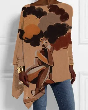 Black Girl Afro Color Print Irregular Hem Women's Top
