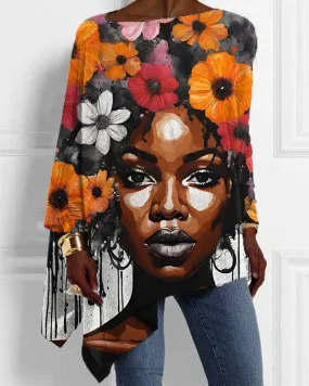 Black Girl Flower Print Irregular Ladies Top