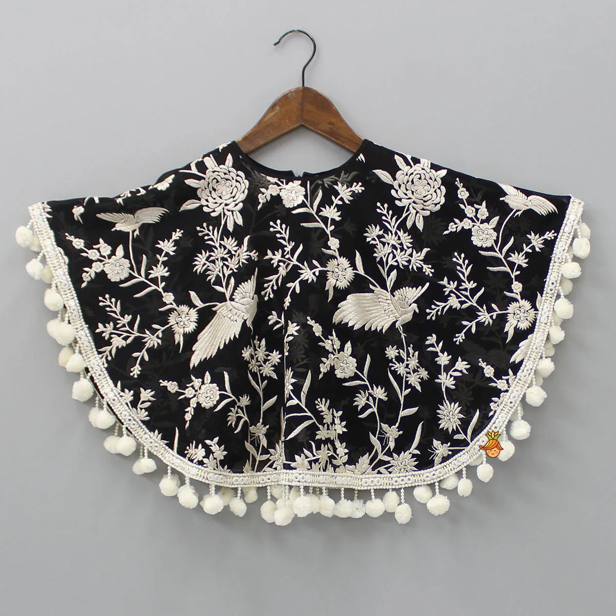 Black Top With Pom Poms Detailed Embroidered Cape And Palazzo