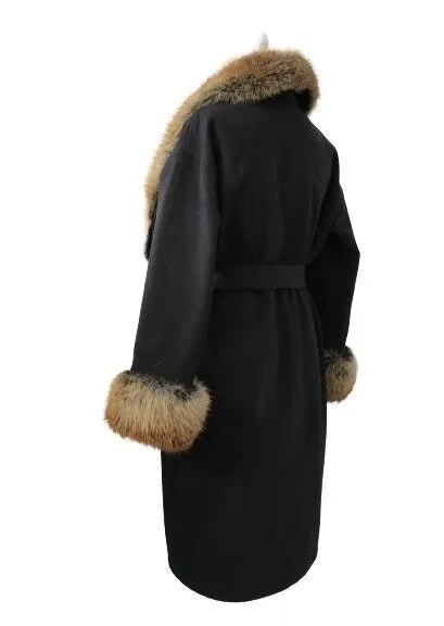 Black Wrap Elegant Women coat, Long Belted Feminine Overcoat Trim Fox Fur, Cashmere Woolen blend Coat Wrap