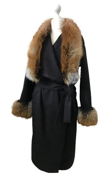 Black Wrap Elegant Women coat, Long Belted Feminine Overcoat Trim Fox Fur, Cashmere Woolen blend Coat Wrap