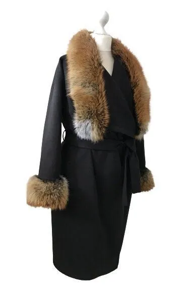 Black Wrap Elegant Women coat, Long Belted Feminine Overcoat Trim Fox Fur, Cashmere Woolen blend Coat Wrap
