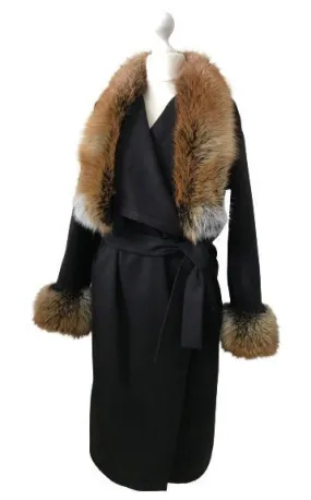 Black Wrap Elegant Women coat, Long Belted Feminine Overcoat Trim Fox Fur, Cashmere Woolen blend Coat Wrap