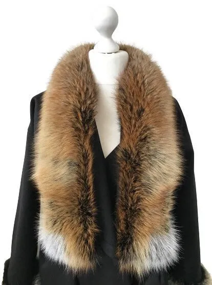 Black Wrap Elegant Women coat, Long Belted Feminine Overcoat Trim Fox Fur, Cashmere Woolen blend Coat Wrap
