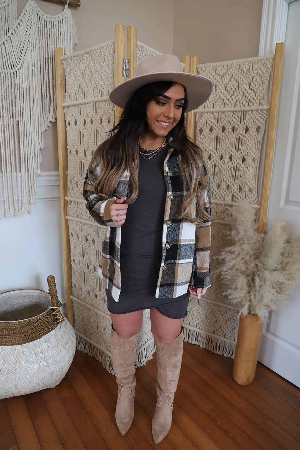 Blakely Plaid Flannel Shacket- Brown