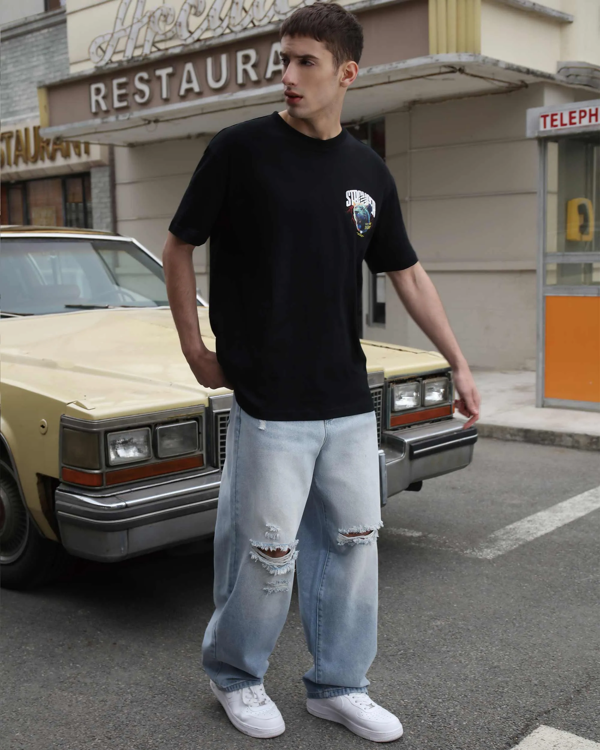 Casual and Versatile Blue Ripped Baggy Jeans
