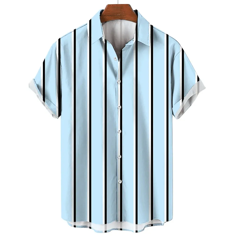 Casual Oversized Men's Striped Shirt – Short Sleeve Single-Breasted for Summer Beach Wear