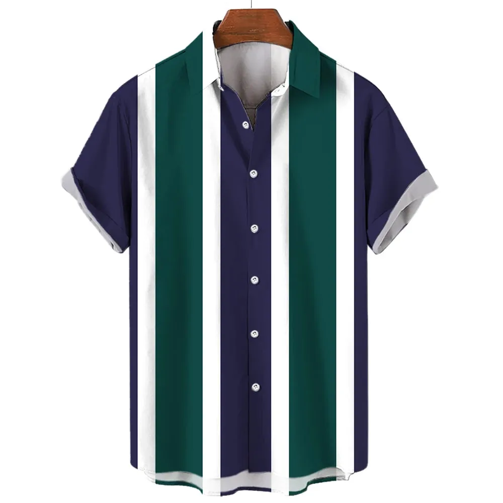 Casual Oversized Men's Striped Shirt – Short Sleeve Single-Breasted for Summer Beach Wear