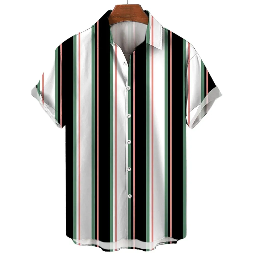 Casual Oversized Men's Striped Shirt – Short Sleeve Single-Breasted for Summer Beach Wear