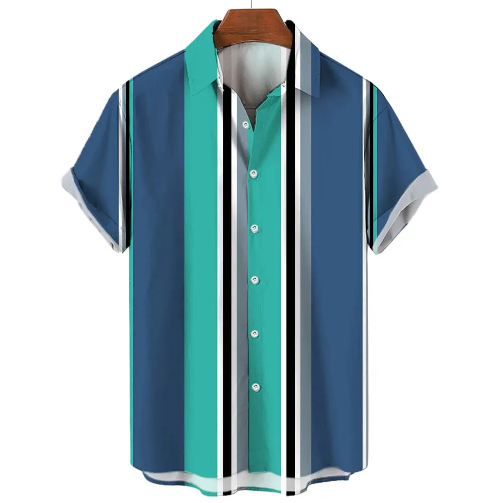 Casual Oversized Men's Striped Shirt – Short Sleeve Single-Breasted for Summer Beach Wear