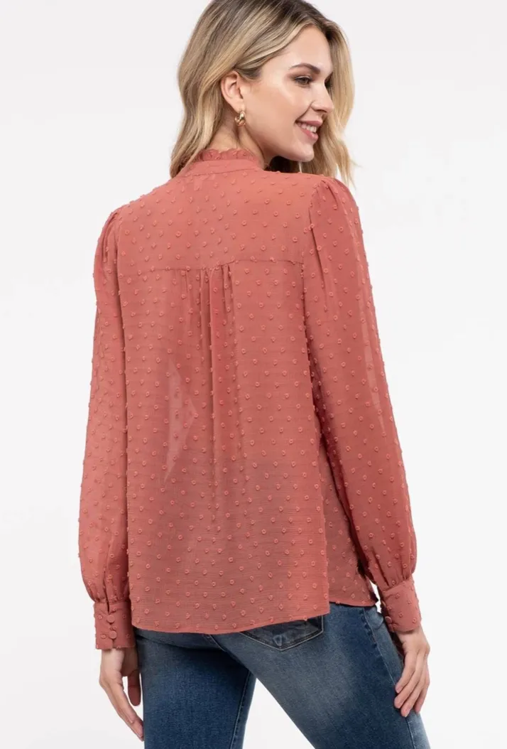 Dusty Rose Swiss Dot Button Down