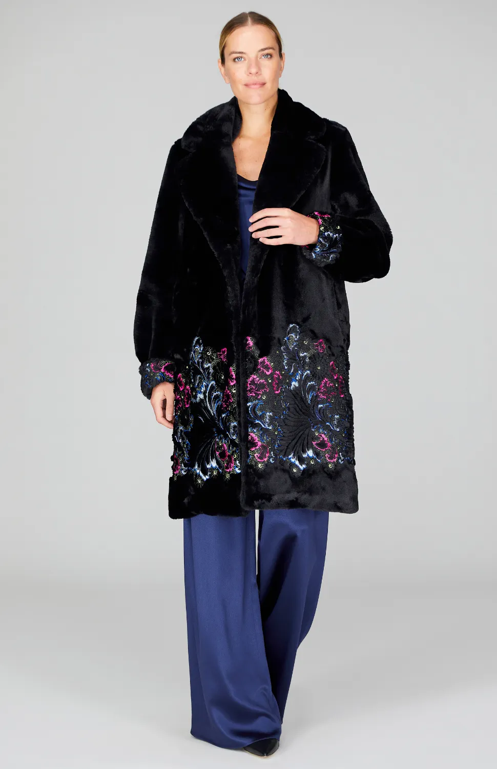 Embroidered Faux Fur Teddy Coat