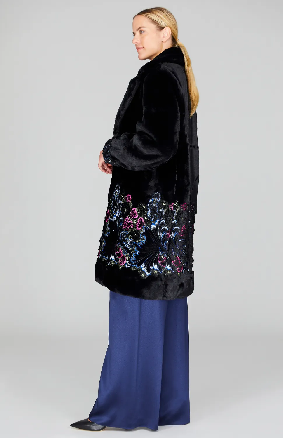Embroidered Faux Fur Teddy Coat