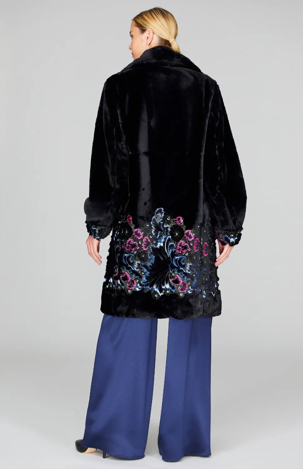 Embroidered Faux Fur Teddy Coat